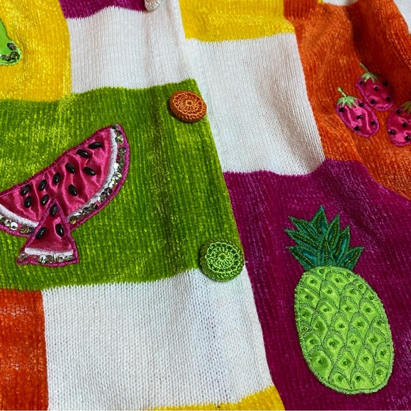 ESTATE ✝️SIZE VTG VICTORIA HARBOUR CROTCHET BEADED SEQUIN FRUIT S/S SWEATER XL - Picture 6 of 8